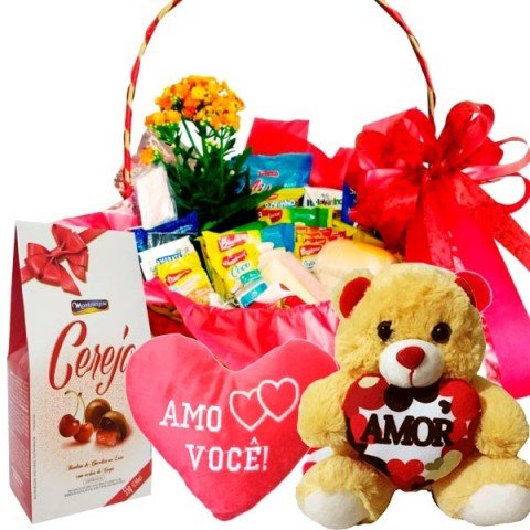 Cesta de Café Amo Você com 40 itens + Flor + Chocolate + 1 Pelúcia